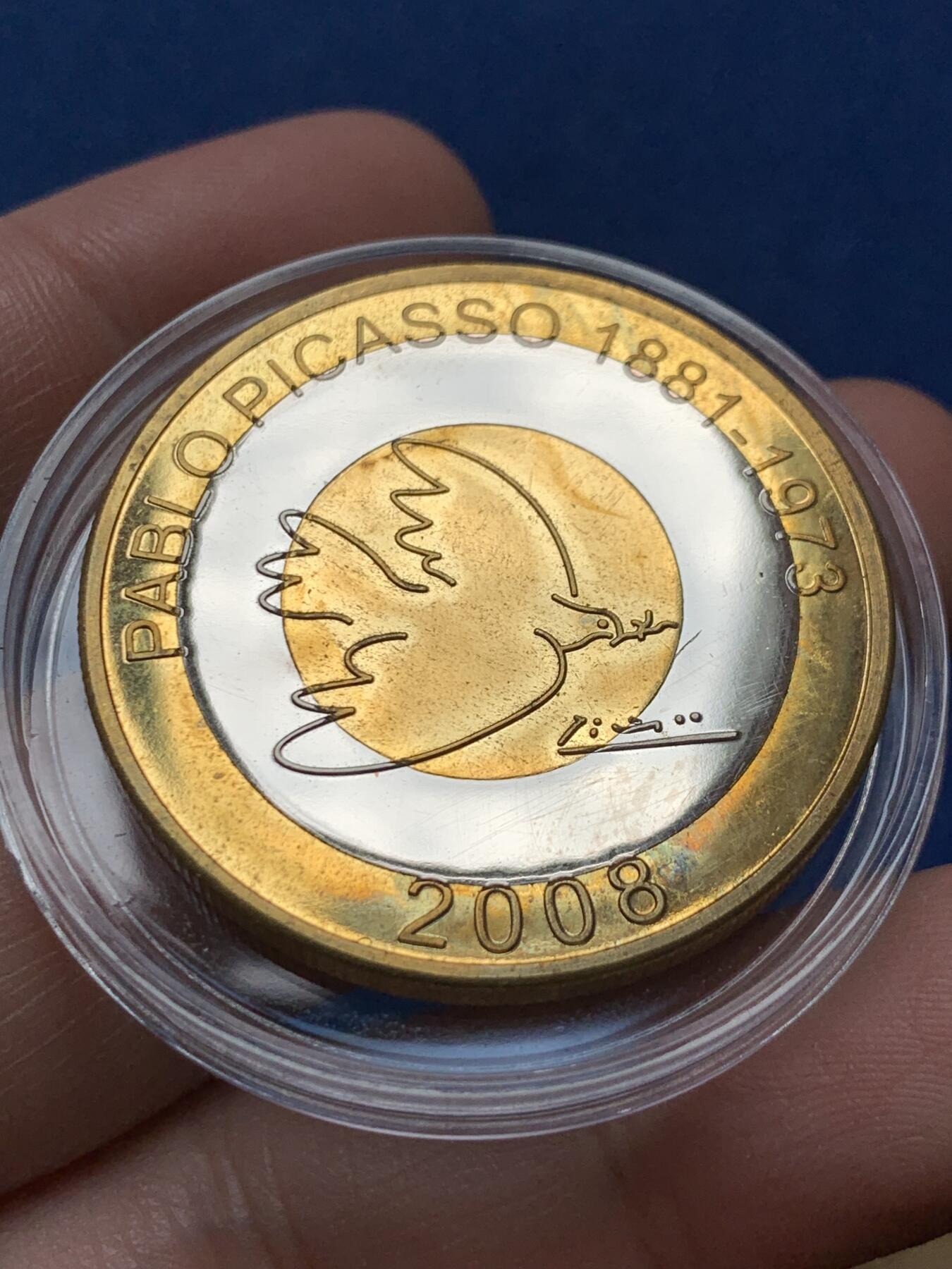 《竞宝斋》第436场 周日，周一2场连拍 （全场包邮） 四枚一组 2008年/2009年索马里双色币，纪念达尔文，门捷列夫，毕加索和约翰·巴丁（两次诺贝尔物理学奖获得者），少见，38mm。