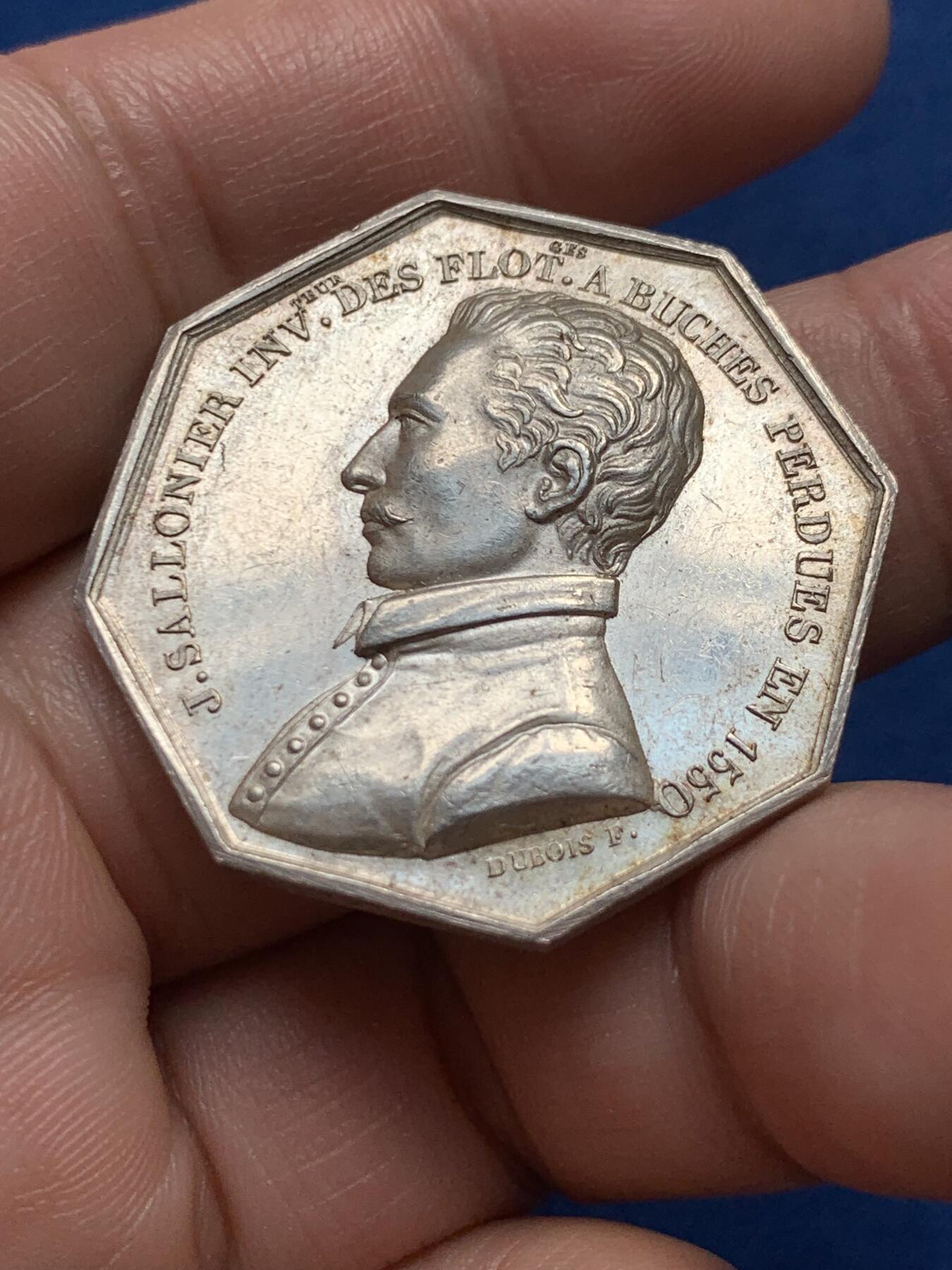 《竞宝斋》第436场 周日，周一2场连拍 （全场包邮） 巴黎浮木发明家沙隆尔头像(墨丘利监工)八角银质代币，33MM，17克，油灯边铭