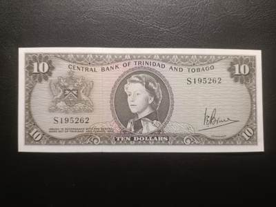 2025十一月第三期，总201期 - 特立尼达和多巴哥1964版10元UNC-无47，稀有女王头像序列中高面值，国徽和央行大楼以及海上钻井平台