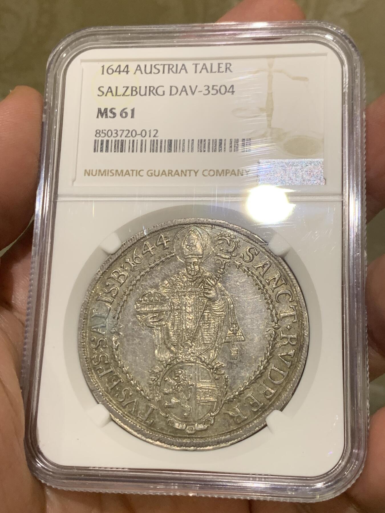 《竞宝斋》第436场 周日，周一2场连拍 （全场包邮） 唯一亚军分 NGC MS61 神圣罗马帝国 1644年 萨尔茨堡抱婴泰勒大银币 深打 反正面人物全脸 包浆也同样漂亮