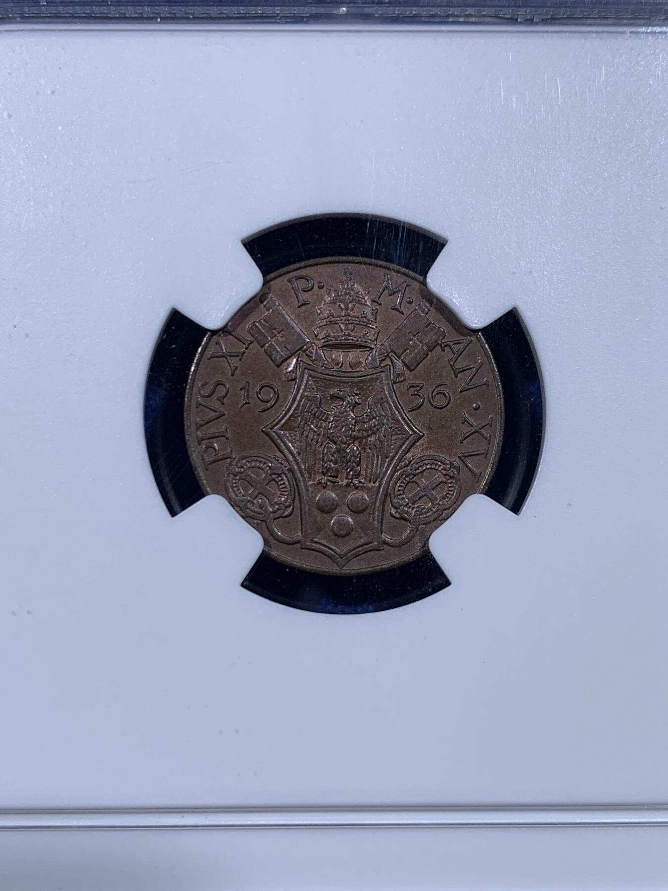 《竞宝斋》第436场 周日，周一2场连拍 （全场包邮） 两枚一组 NGC MS64BN 梵蒂冈 1936年 5分+10分铜币 同年同分 虽是辅币但依然制作精美