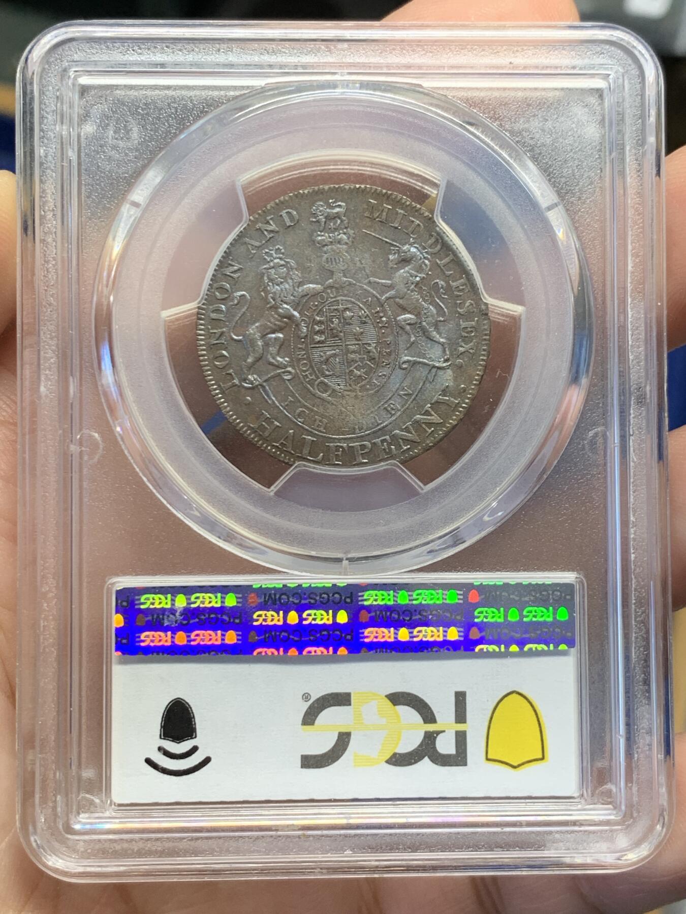 《竞宝斋》第436场 周日，周一2场连拍 （全场包邮） PCGS MS63BN 英国1790年 乔治四世-威尔士亲王1/2便士，背面是代表王储的盾徽，双面靛紫色包浆特别漂亮。Middlesex 区域使用。非常少见。