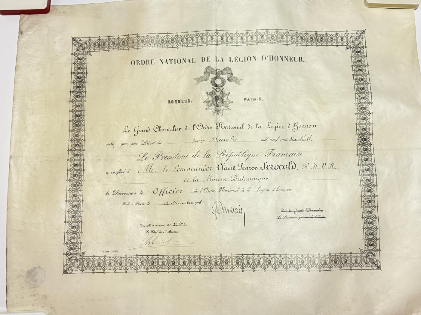 韵星假日精品2025秋季军品类拍卖会-- Rimey Holidays Boutique 2025 Autumn Militaria Sale 英国皇家海军军官奥罗科德的军官级荣誉军团勋章证书