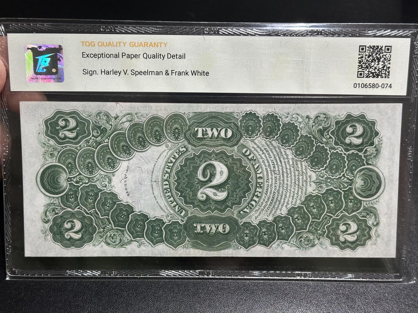 《外钞收藏家》第五百八十三期（精选场）（本期拍品丰富）（本平台长期征集拍品、欢迎藏友们联系合作） 1917年美国2美元 (政府券) （前总统 杰弗逊）大票幅 TQG评级63