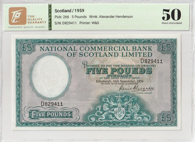 2025十一月第三期，总201期 苏格兰国家商业银行1959年5镑TQG50分，银行徽章和福斯铁桥，早期已停业银行少见中高面值