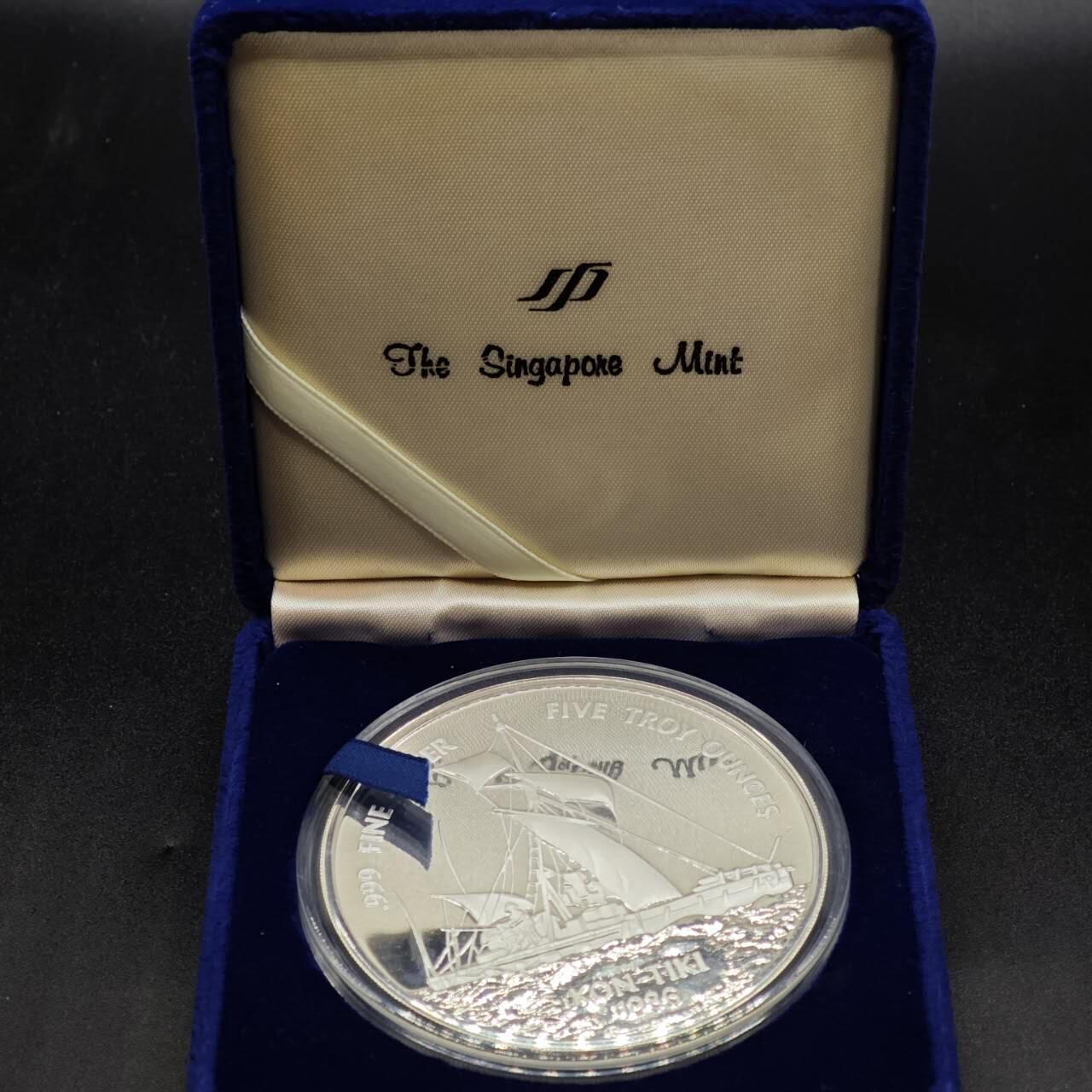 【淘币小摊】实时拍第七百九十五拍   银币套币场   满百包邮可预留二周 每周一统一发货   西萨摩亚1986年“康提基”号帆船25塔拉银币5盎司精制银币1988年克劳斯最具艺术币 银价1711