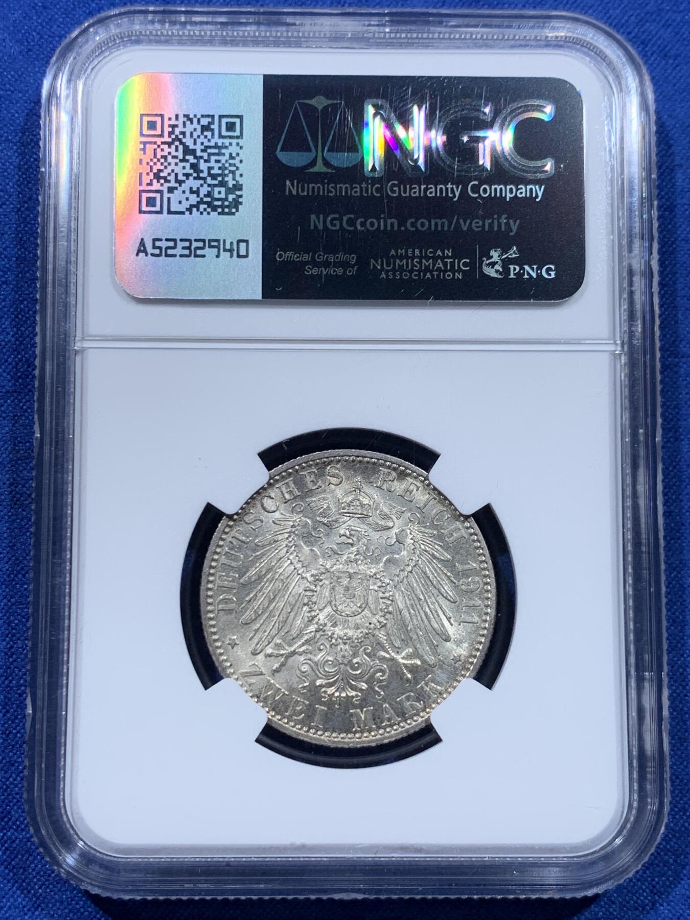 《竞宝斋》第437场 周日，周一2场连拍 （全场包邮） NGC MS63 德国巴伐利亚1911年利奥波德诞辰90周年2马克银币