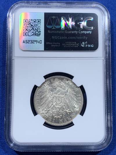 《竞宝斋》第437场 周日，周一2场连拍 （全场包邮） NGC MS63 德国巴伐利亚1911年利奥波德诞辰90周年2马克银币