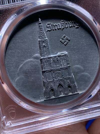 《竞宝斋》第437场 周日，周一2场连拍 （全场包邮） PCGS MS62 德国 1940-44 斯特拉斯堡大教堂 锌章 双面高浮雕  双面带标的极少