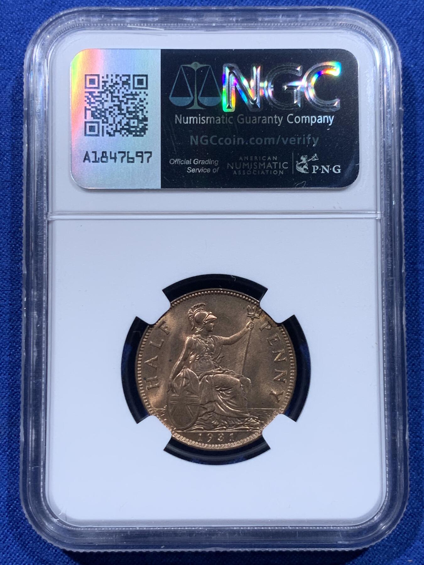 《竞宝斋》第437场 周日，周一2场连拍 （全场包邮） NGC MS64RB 英国 乔治五世 1931年 1/2便士铜币 第三版头像 相较前两版对于细节的营造更为清晰，整体更加工整。英系大藏家Cope旧藏，光泽丝滑正背仅少许划痕，姿态良美。