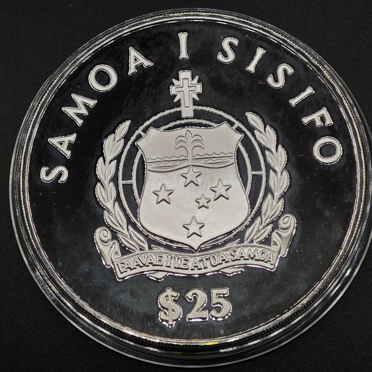 【淘币小摊】实时拍第七百九十五拍   银币套币场   满百包邮可预留二周 每周一统一发货   西萨摩亚1986年“康提基”号帆船25塔拉银币5盎司精制银币1988年克劳斯最具艺术币 银价1711