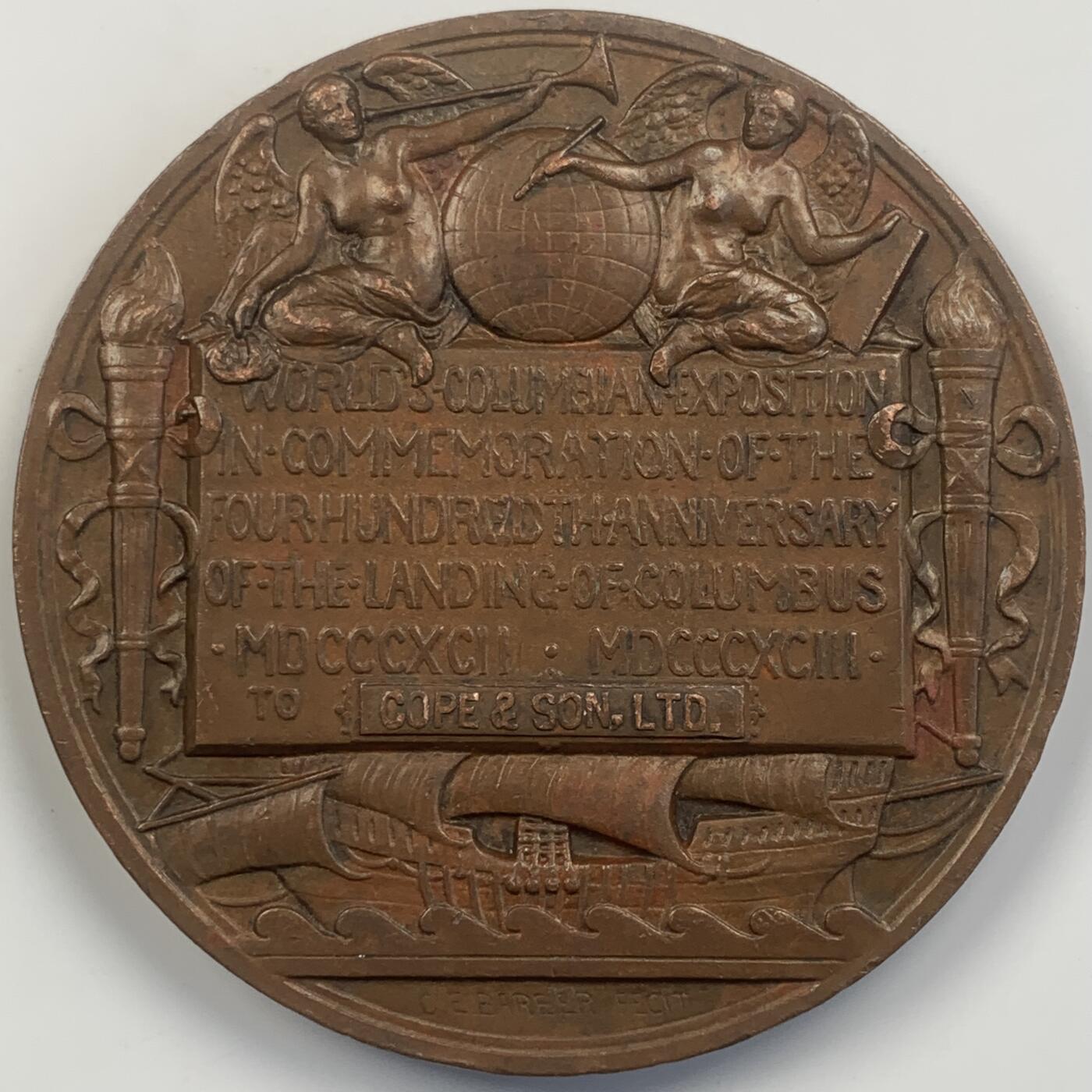 掌中浮雕-藏着的欧洲第041场 	1893年美国芝加哥博览会铜章，76mm