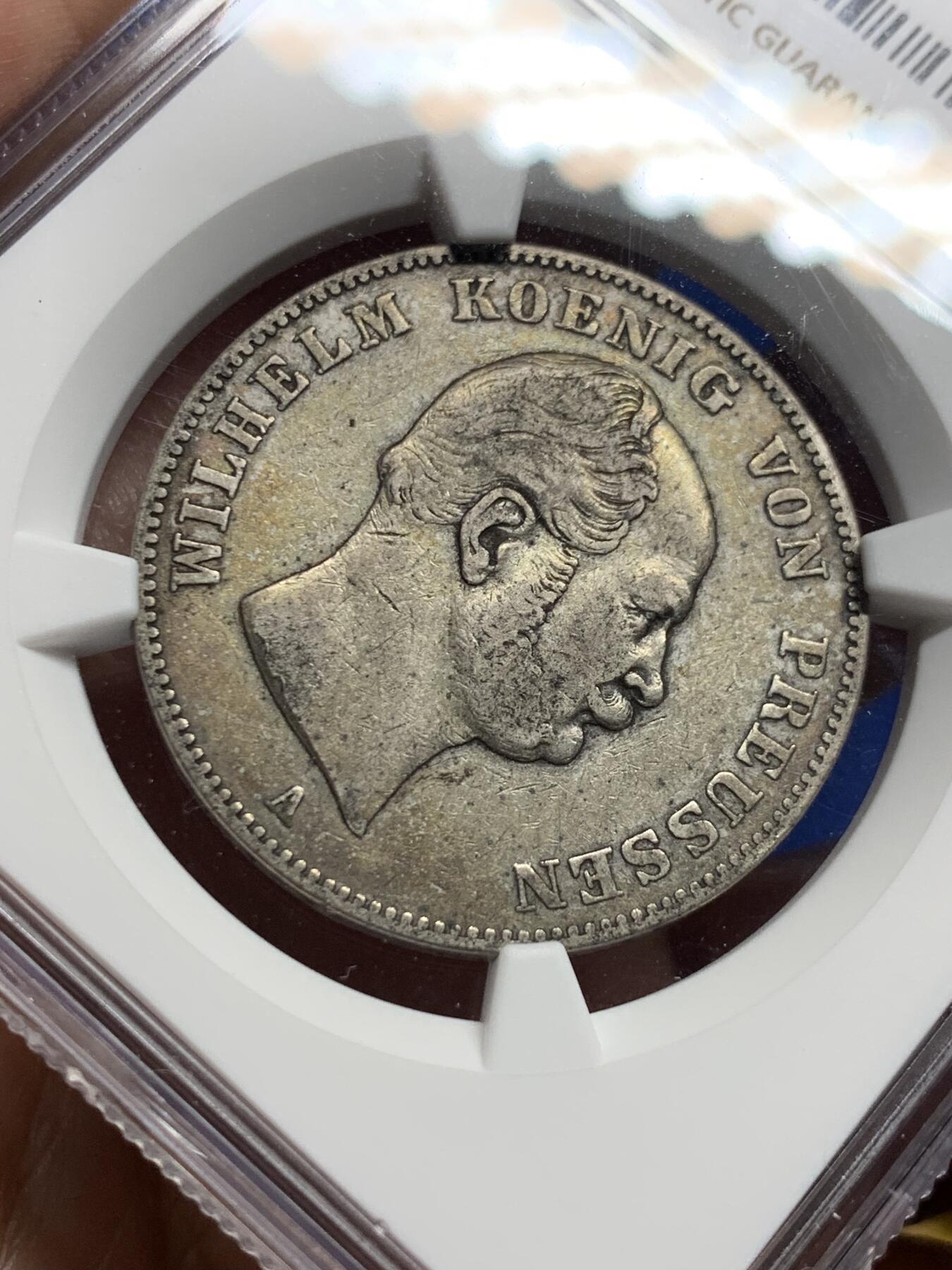 《竞宝斋》第437场 周日，周一2场连拍 （全场包邮） NGC XF40 德国普鲁士1861年威廉一世矿业泰勒 带老彩 实物很耐看