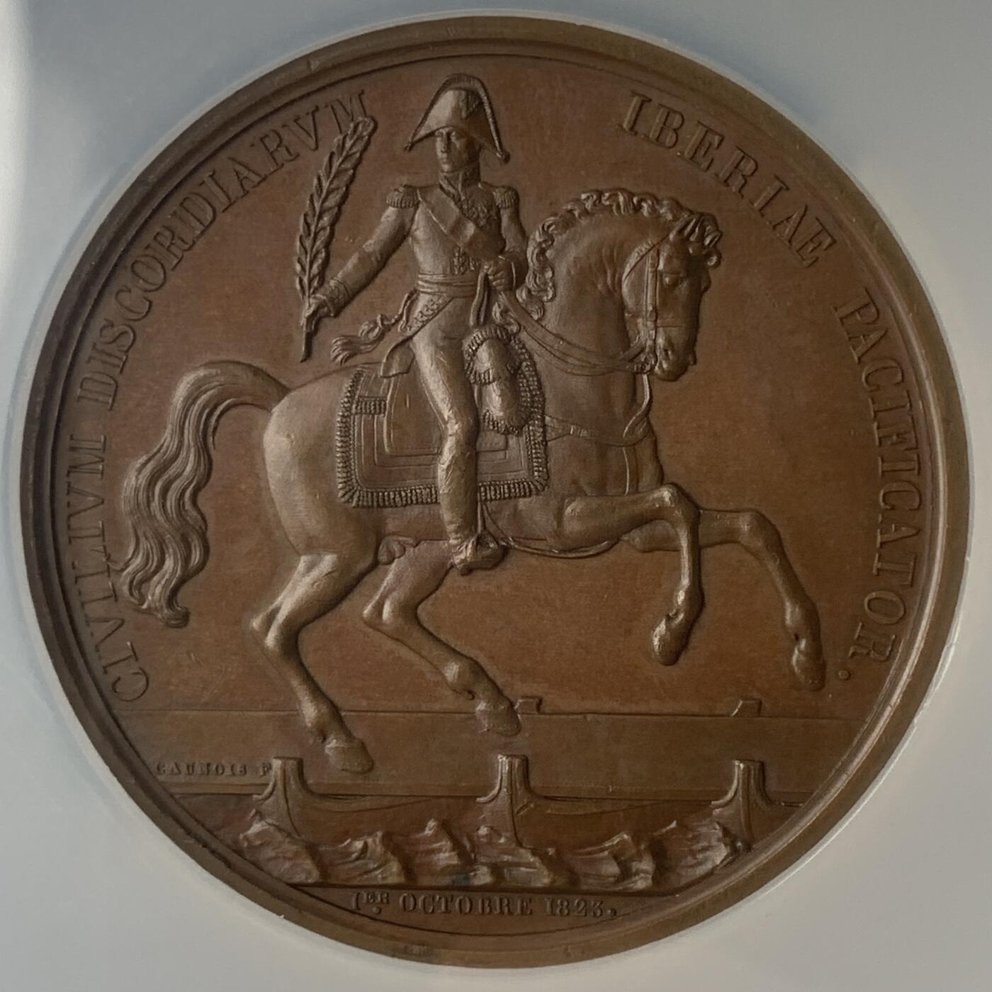 掌中浮雕-藏着的欧洲第041场 NGC MS63 : 1823年法国波旁王朝的路易·安托万从西班牙战役中归来铜章， 51mm