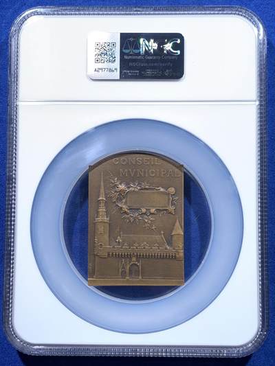 《竞宝斋》第437场 周日，周一2场连拍 （全场包邮） NGC MS65BN 超高分 G.H.Prud'Homme 普吕多姆  《法国拉罗谢尔市议会奖章》大铜章，少见品，45*63mm，丰饶角边铭，加大加厚盒。