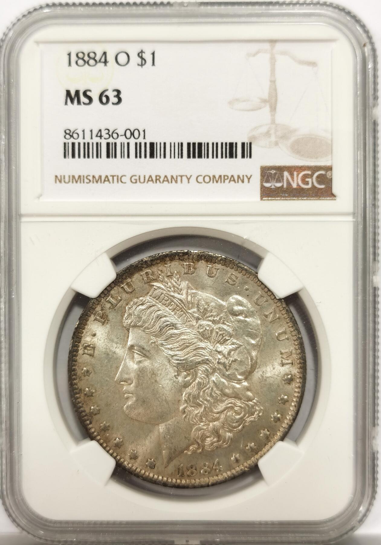 博洋堂世界钱币拍卖第146期（全场包邮） NGC MS63 美国1884年O版摩根1美圆 淡彩