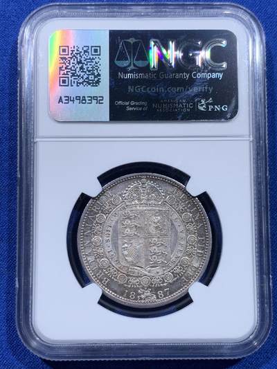 《竞宝斋》第437场 周日，周一2场连拍 （全场包邮） NGC MS63 1887年英国维多利亚高冠半克朗银币 车轮转光 非常漂亮的英伦原味五彩老包浆