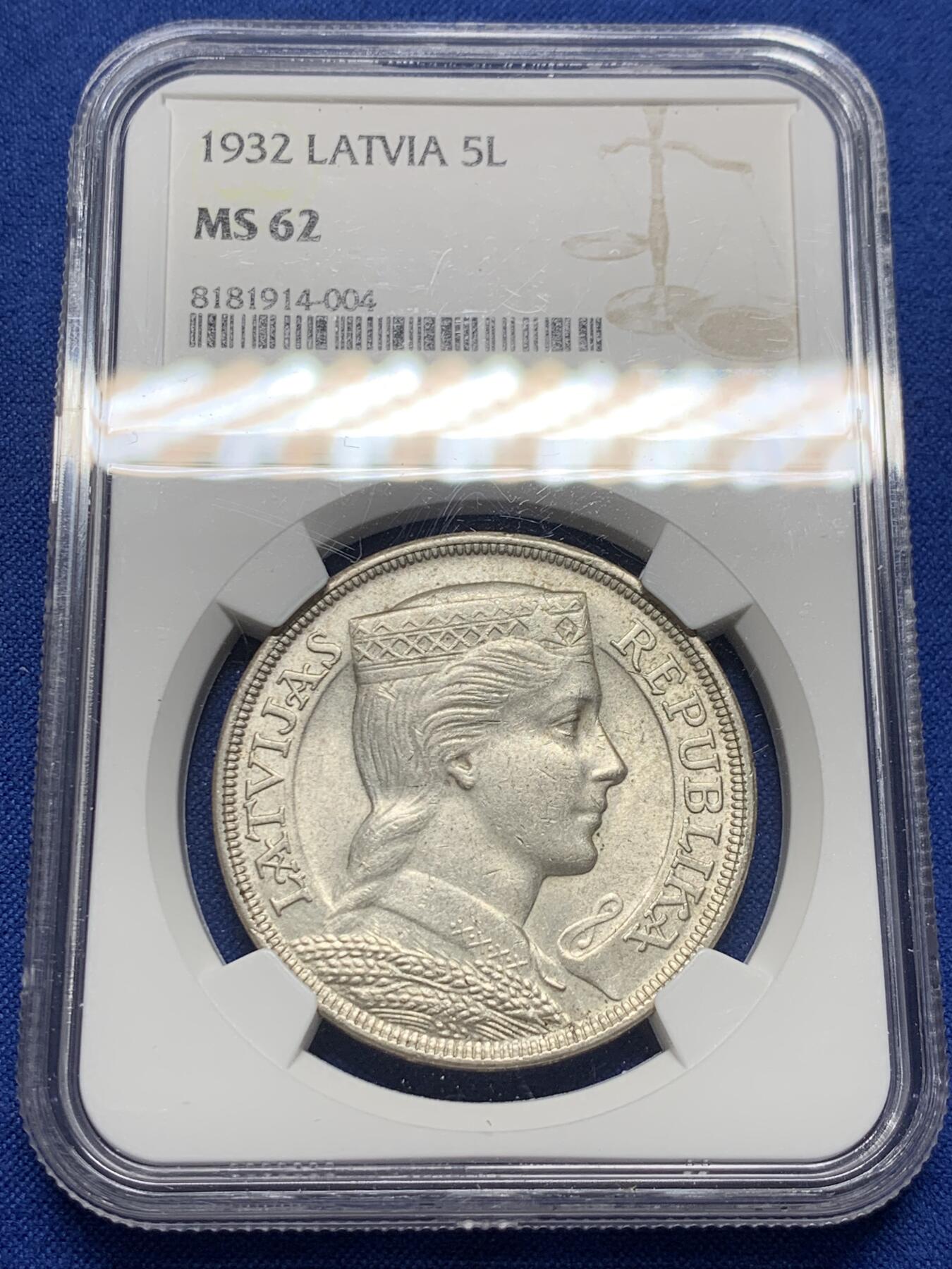 《竞宝斋》第437场 周日，周一2场连拍 （全场包邮） NGC MS62 拉脱维亚 1932年 女神 5拉特 银币 少见好品