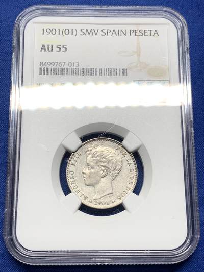 《竞宝斋》第437场 周日，周一2场连拍 （全场包邮） - NGC AU55 西班牙 1901年 阿方索十三世 1比赛塔 银币 少见好品小面值