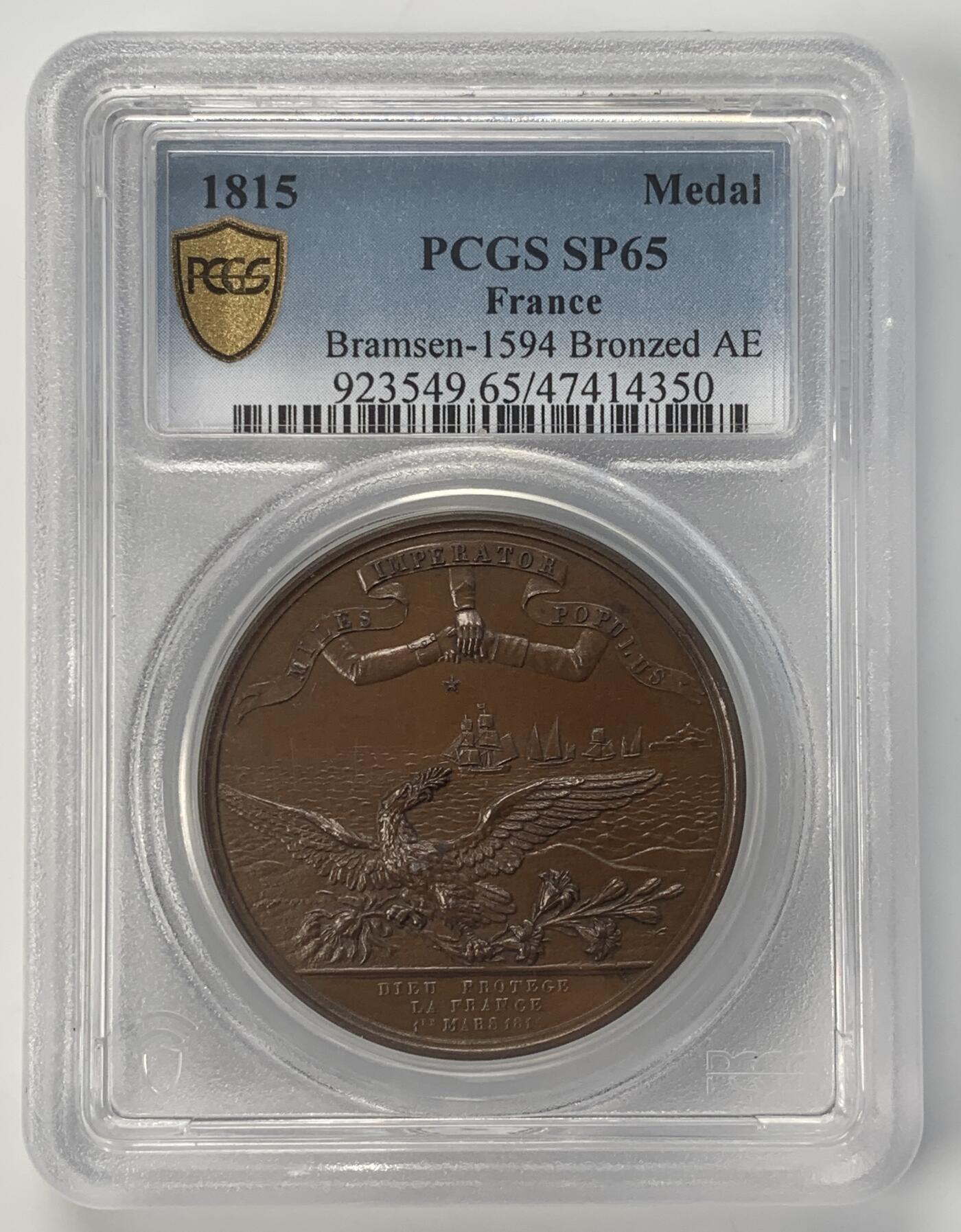 掌中浮雕-藏着的欧洲第041场 PCGS SP65 : 1815年拿破仑重返法国铜章，38.6mm。正面有展翅雄鹰，背面两条蛇
