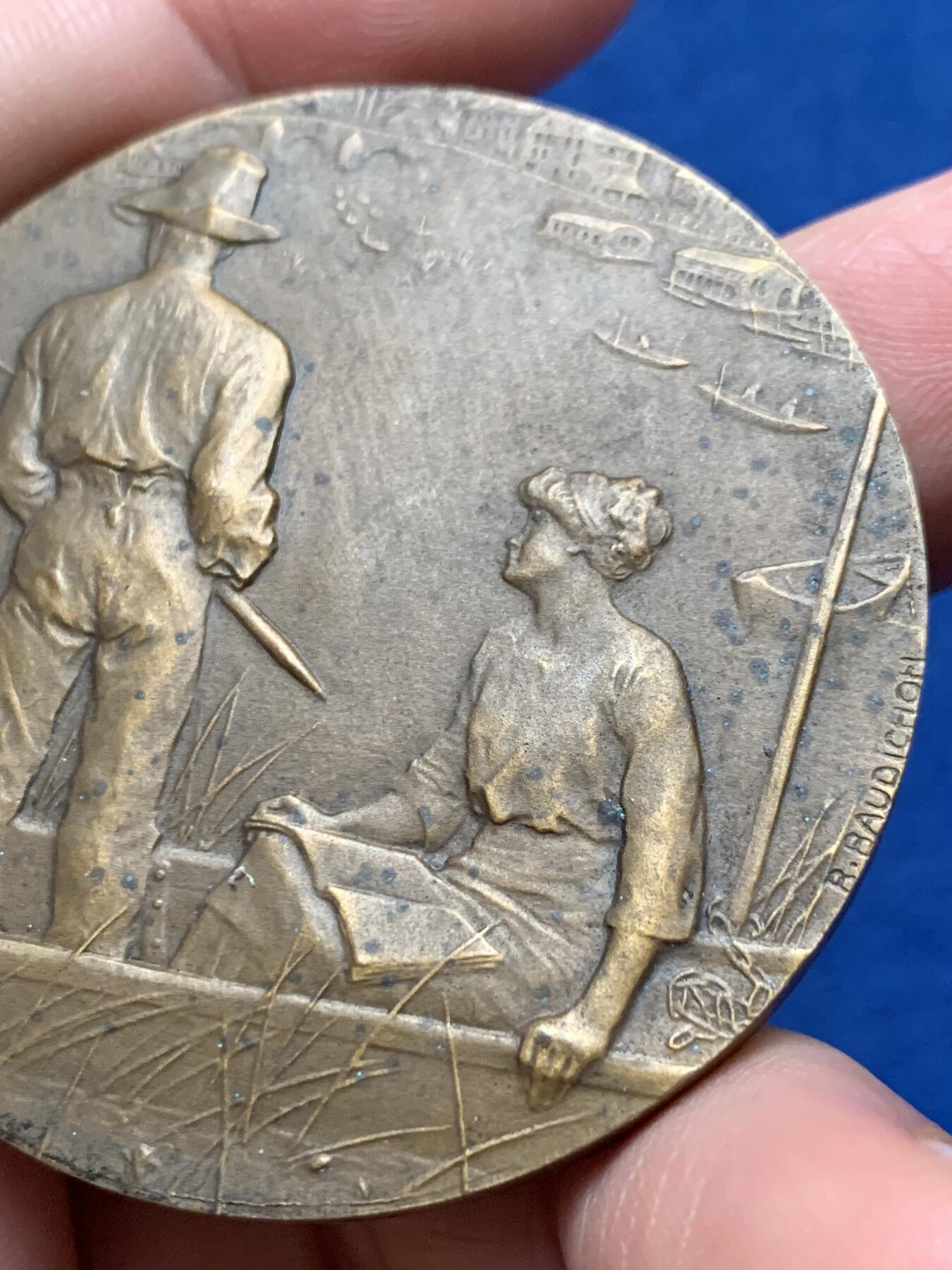 《竞宝斋》第437场 周日，周一2场连拍 （全场包邮） 法国农业部渔业铜章 62.85克 49.6mm 丰饶角铜标 品种少见 景观雕刻清晰