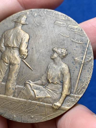 《竞宝斋》第437场 周日，周一2场连拍 （全场包邮） 法国农业部渔业铜章 62.85克 49.6mm 丰饶角铜标 品种少见 景观雕刻清晰