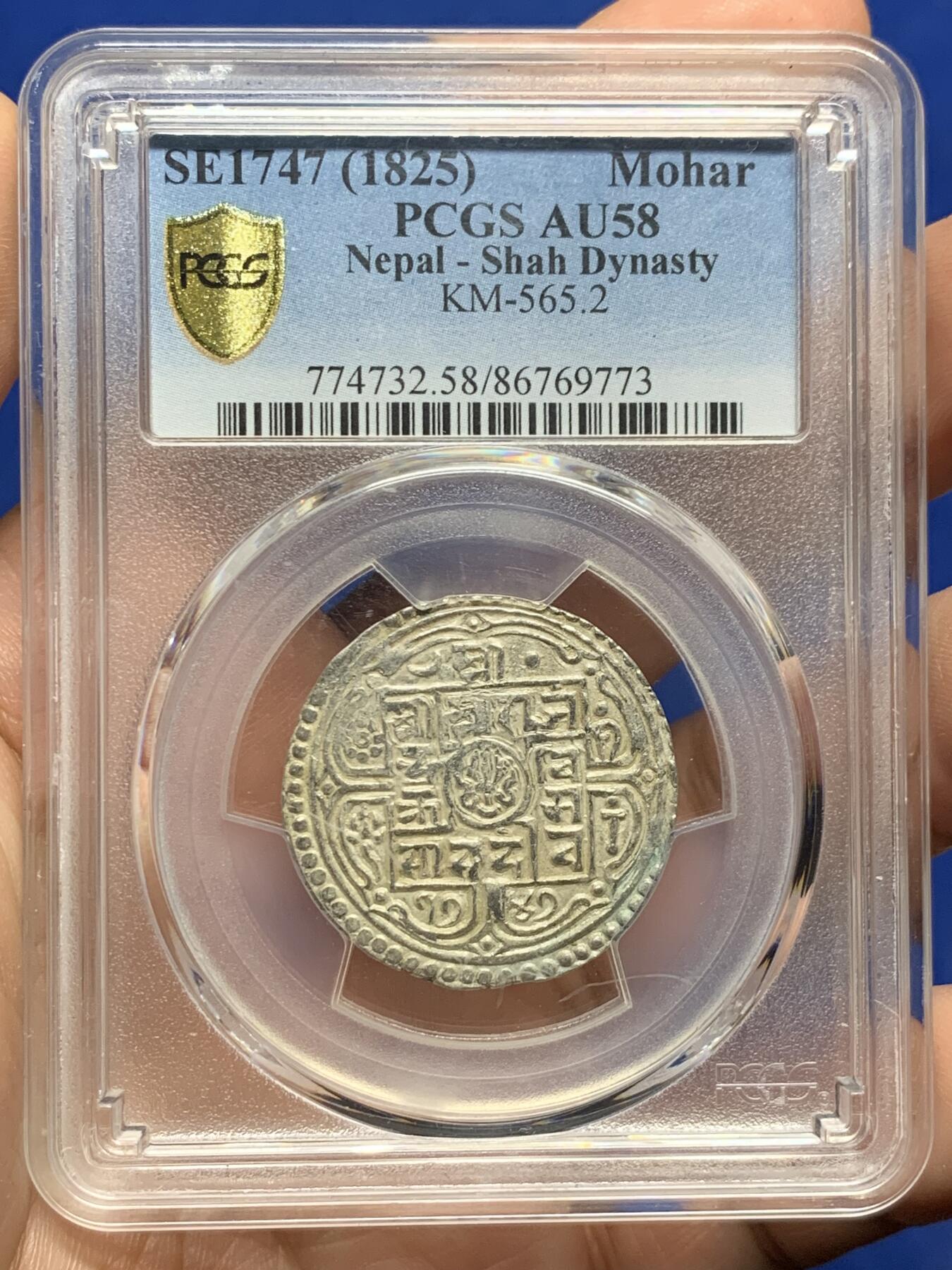《竞宝斋》第437场 周日，周一2场连拍 （全场包邮） PCGS AU58 尼泊尔 SE1747 (1825) 1莫哈 银币 尼泊尔银币品相好的极少 AU58已是PCGS季军分
