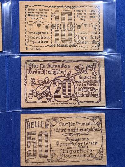 《竞宝斋》第437场 周日，周一2场连拍 （全场包邮） 奥地利Hadersfeld哈德斯菲尔德，1920年10-20-50赫勒 木质紧急状态币 两个不同版本共6枚，正面红色较鲜艳为少字版，比较淡雅的为多字版，成套不易。年代久远，木头不易保存，如此品相的依然难得一见。