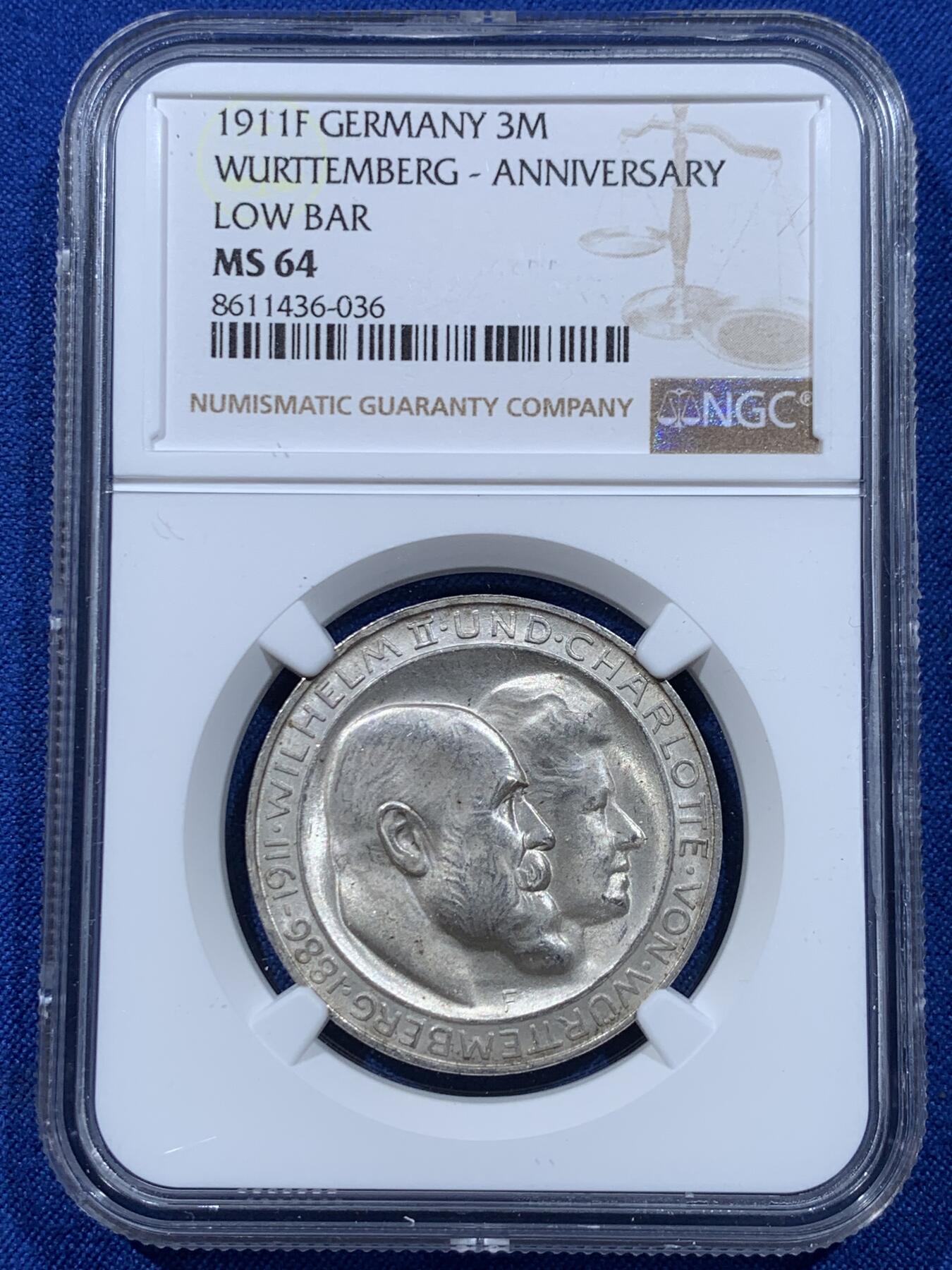 《竞宝斋》第437场 周日，周一2场连拍 （全场包邮） NGC MS64 德国符腾堡 1911年 银婚纪念 3马克
