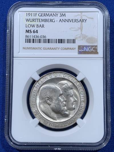 《竞宝斋》第437场 周日，周一2场连拍 （全场包邮） - NGC MS64 德国符腾堡 1911年 银婚纪念 3马克