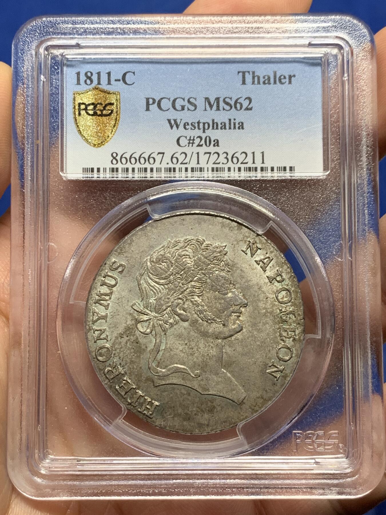 《竞宝斋》第437场 周日，周一2场连拍 （全场包邮） PCGS MS62 德国威斯特伐利亚 1811年-C（卡塞尔）热罗姆·波拿巴（拿破仑幼弟）矿业泰勒大银币 冠军分 极少见品种 60分克书标价2250美元