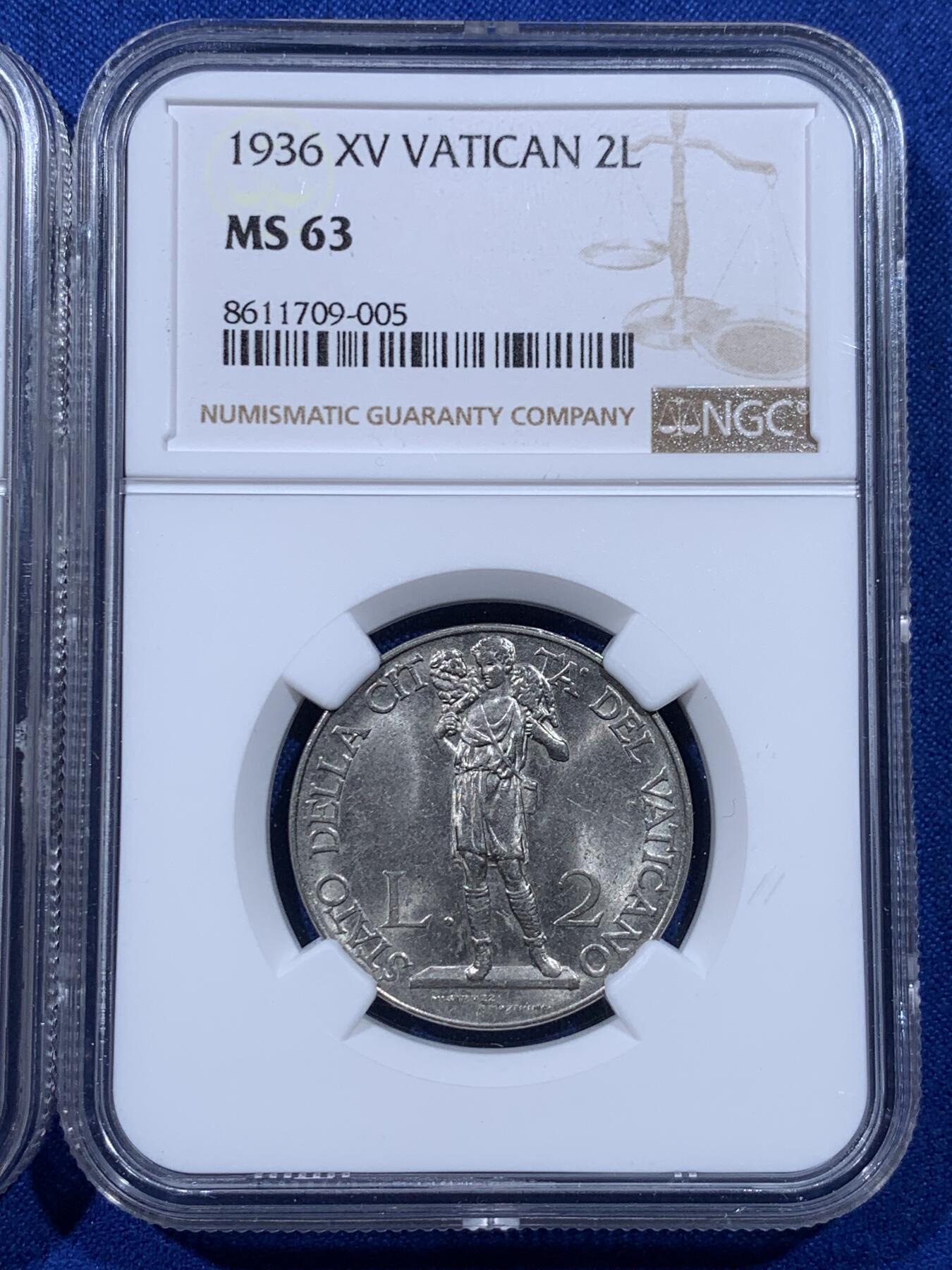 《竞宝斋》第437场 周日，周一2场连拍 （全场包邮） 两枚一组 NGC MS63 梵蒂冈 1932/36年 1里拉+2里拉镍币