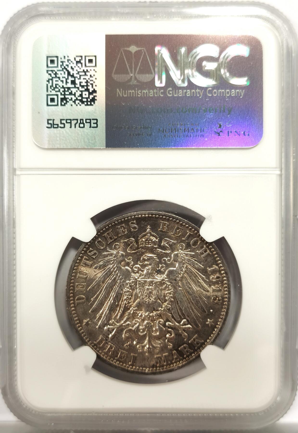 博洋堂世界钱币拍卖第146期（全场包邮） NGC MS62 德国萨克森1913年建功碑3马克银币