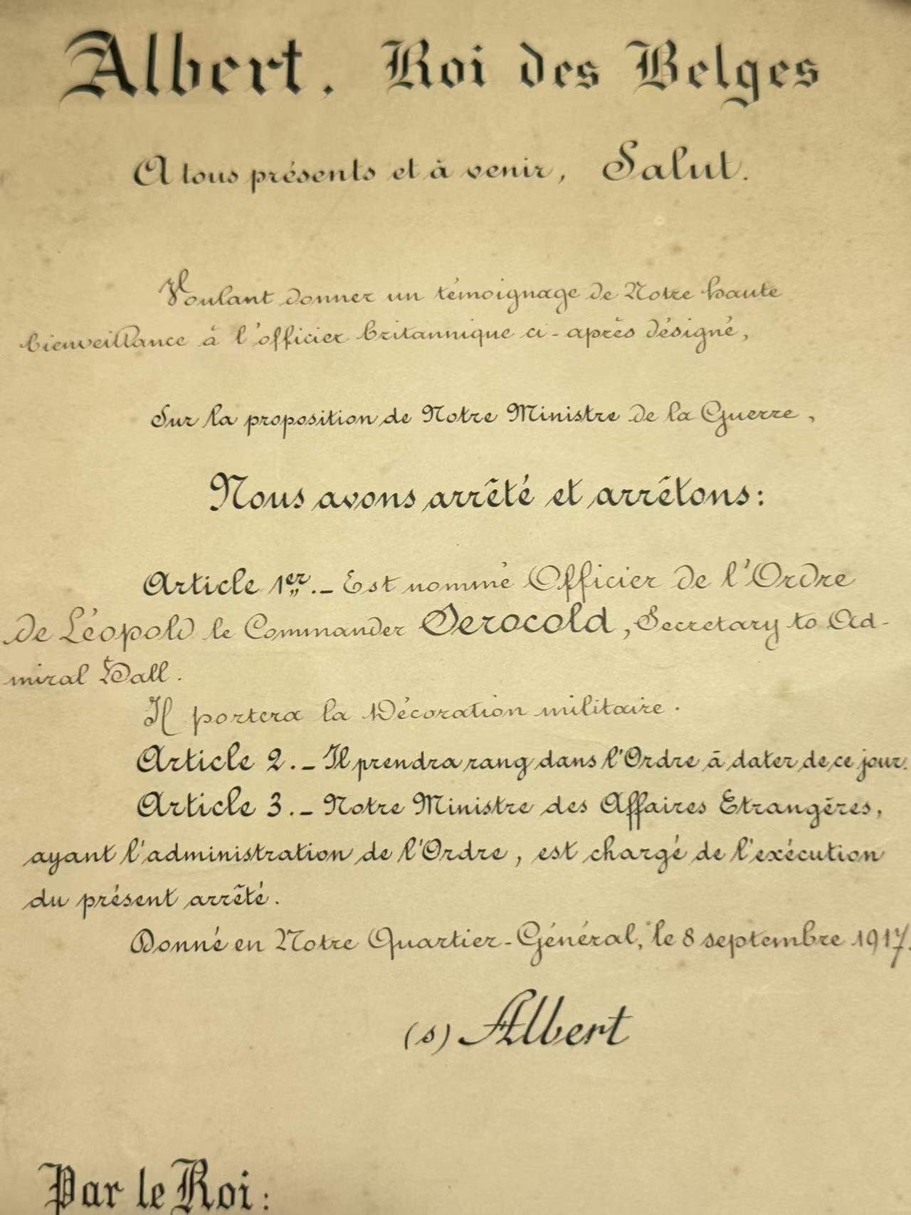 韵星假日精品2025秋季军品类拍卖会-- Rimey Holidays Boutique 2025 Autumn Militaria Sale 比利时阿尔贝一世国王授予英国皇家海军军官奥罗科德，军官级利奥波德勋章的证书