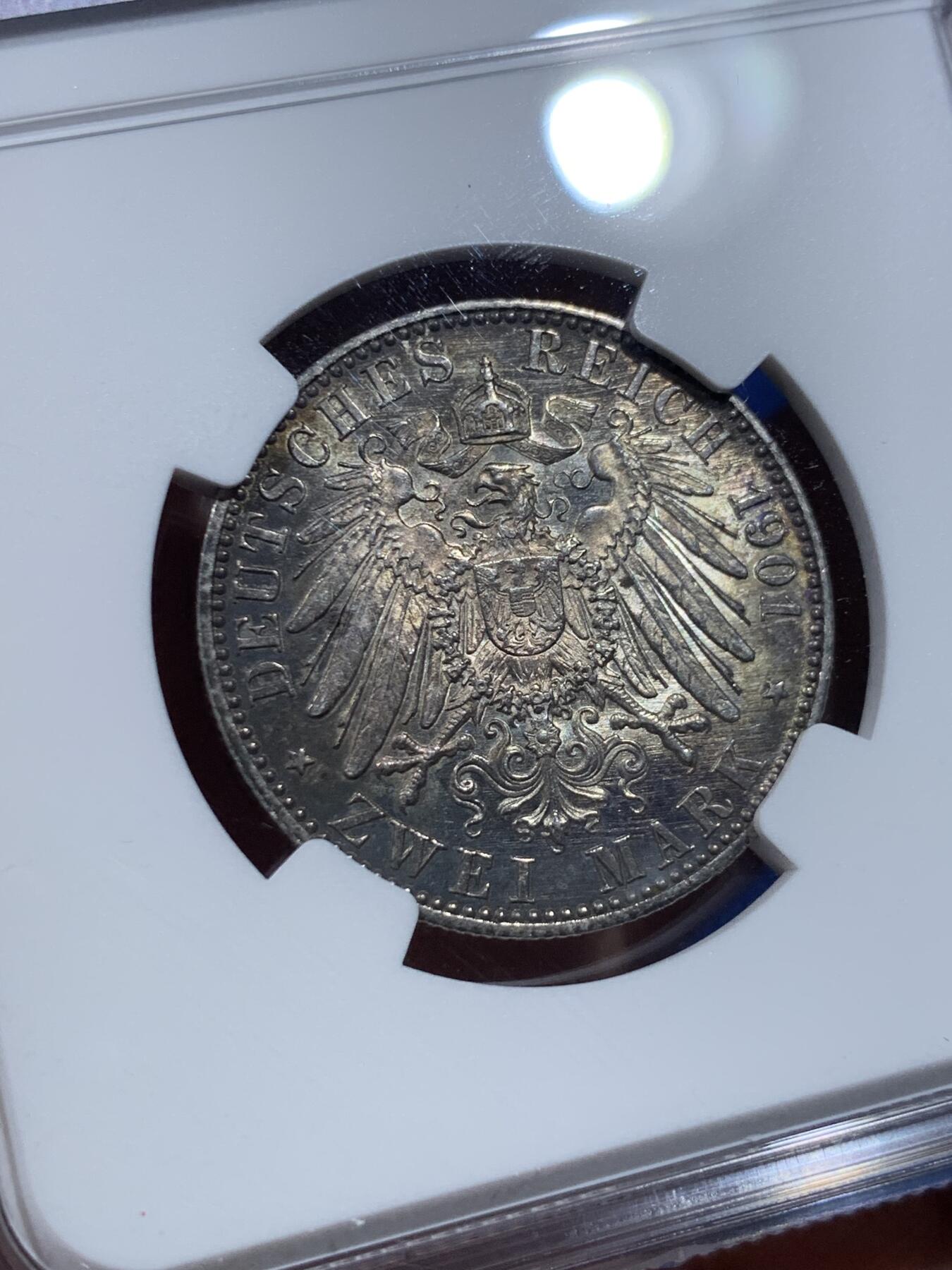 《竞宝斋》第437场 周日，周一2场连拍 （全场包邮） NGC MS62 德国 1901年 普鲁士建国纪念2马克银币