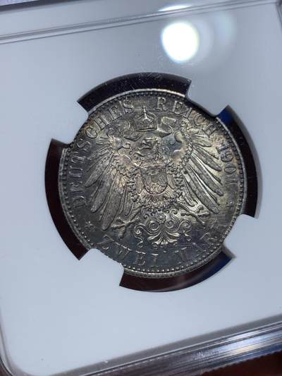 《竞宝斋》第437场 周日，周一2场连拍 （全场包邮） NGC MS62 德国 1901年 普鲁士建国纪念2马克银币