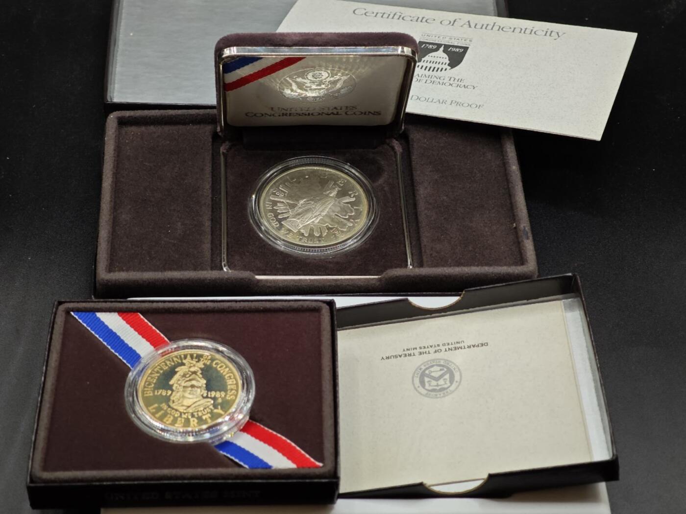 【淘币小摊】实时拍第七百九十五拍   银币套币场   满百包邮可预留二周 每周一统一发货   美国1989年宪法200周年纪念银币镍币套含一元银币26.7克900银 银价264