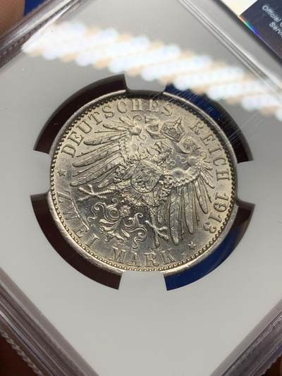 《竞宝斋》第437场 周日，周一2场连拍 （全场包邮） NGC AU50 德国 1913年 普鲁士威廉二世军装2马克银币