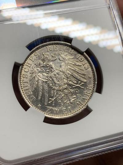 《竞宝斋》第437场 周日，周一2场连拍 （全场包邮） NGC AU50 德国 1913年 普鲁士威廉二世军装2马克银币