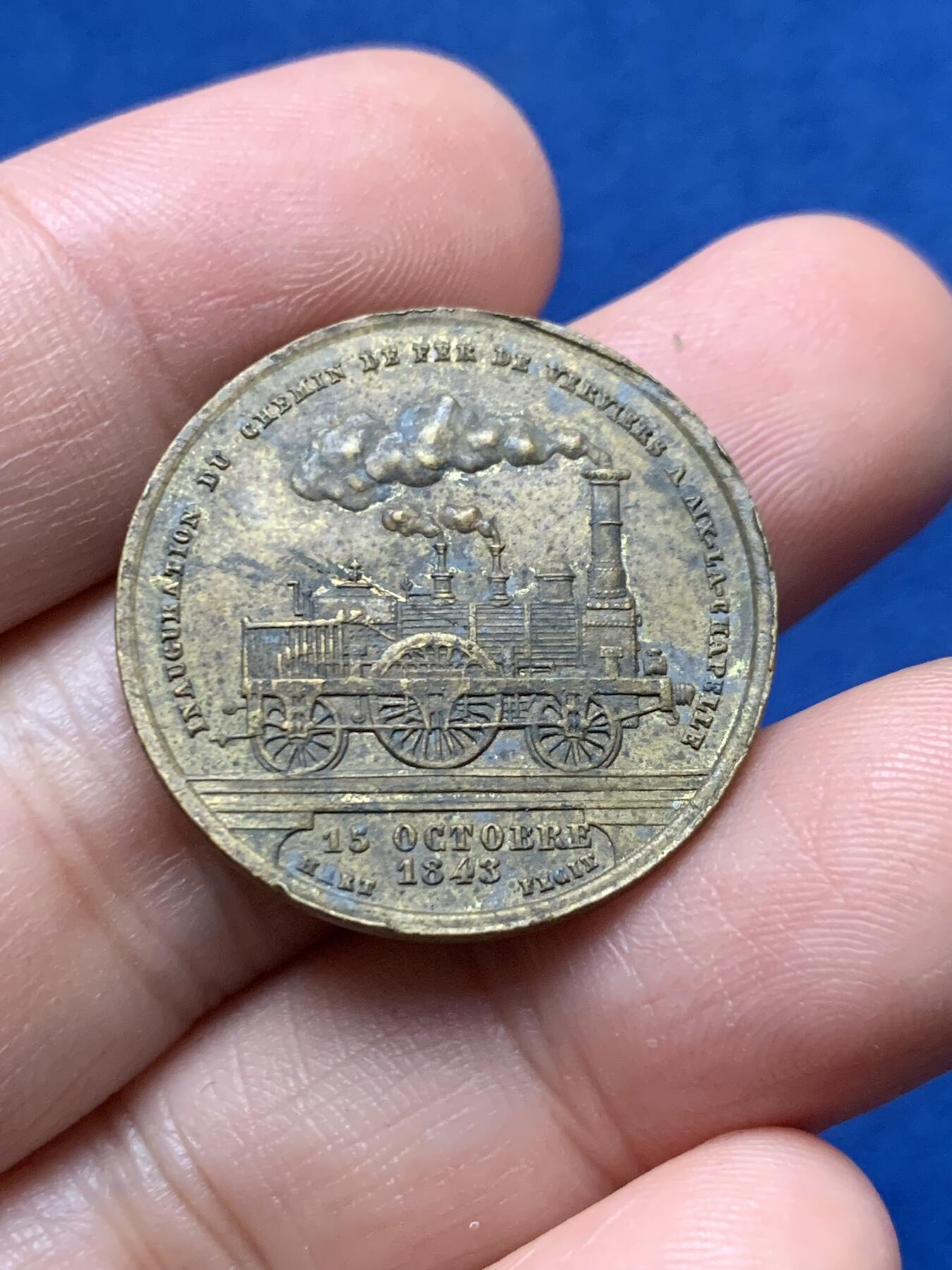 《竞宝斋》第437场 周日，周一2场连拍 （全场包邮） 三枚一组 1843年纪念10月15日维尔维耶至亚琛铁路线开通铜质奖章 背面图案为普鲁士与比利时纹章 总重约20.75克