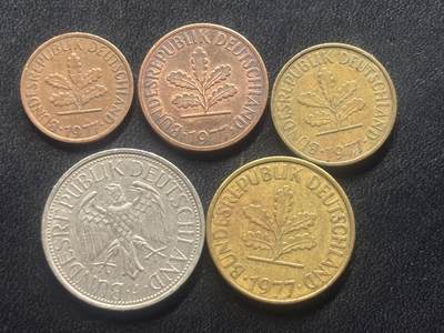 邮泉阁限时拍卖第三十五场 德国硬币专场（硬币在国外。请付邮费6元。） 西德（联邦德国）1977年J版5枚