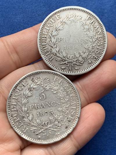 《竞宝斋》第437场 周日，周一2场连拍 （全场包邮） 两枚一组 法国1849年和1873年大力神5法郎银币