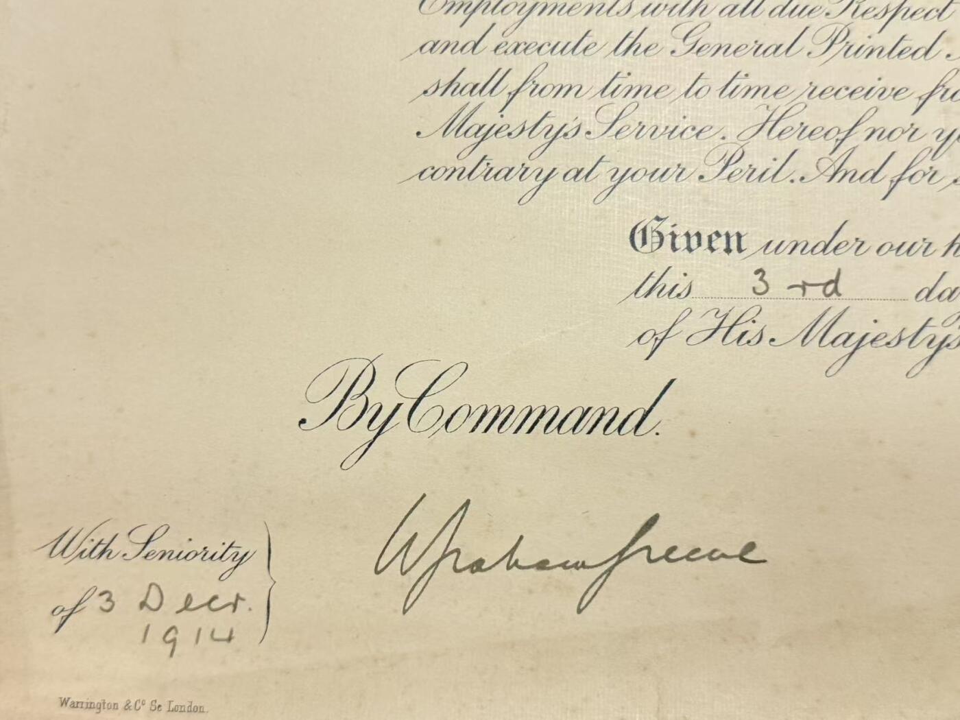 韵星假日精品2025秋季军品类拍卖会-- Rimey Holidays Boutique 2025 Autumn Militaria Sale 英国乔治五世亲签 大英帝国皇家海军志愿预备队中尉奥罗科德任命证书 并且带有军需部部长，海军上将亲签   