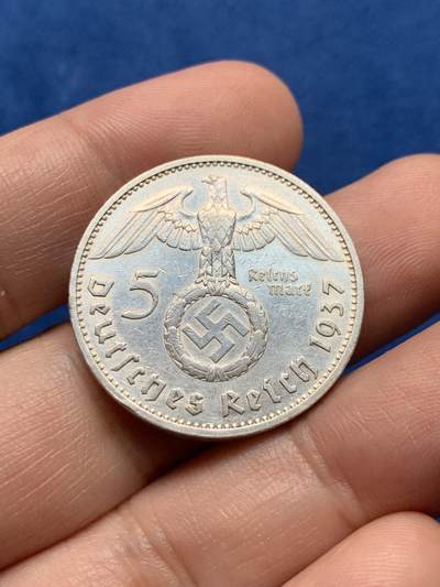 《竞宝斋》第437场 周日，周一2场连拍 （全场包邮） 德国 1937年 兴登堡 5马克 银币 G厂