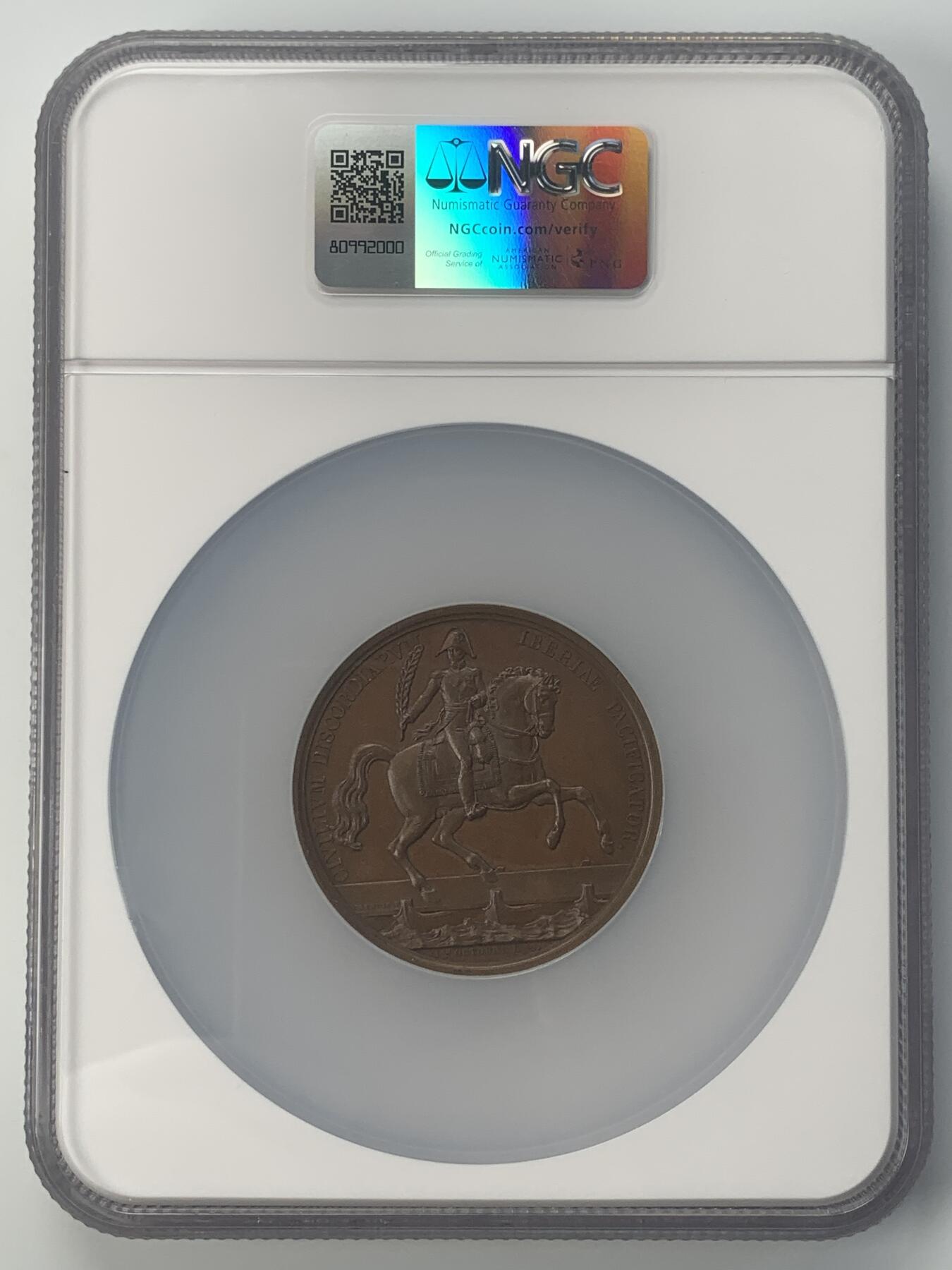 掌中浮雕-藏着的欧洲第041场 NGC MS63 : 1823年法国波旁王朝的路易·安托万从西班牙战役中归来铜章， 51mm