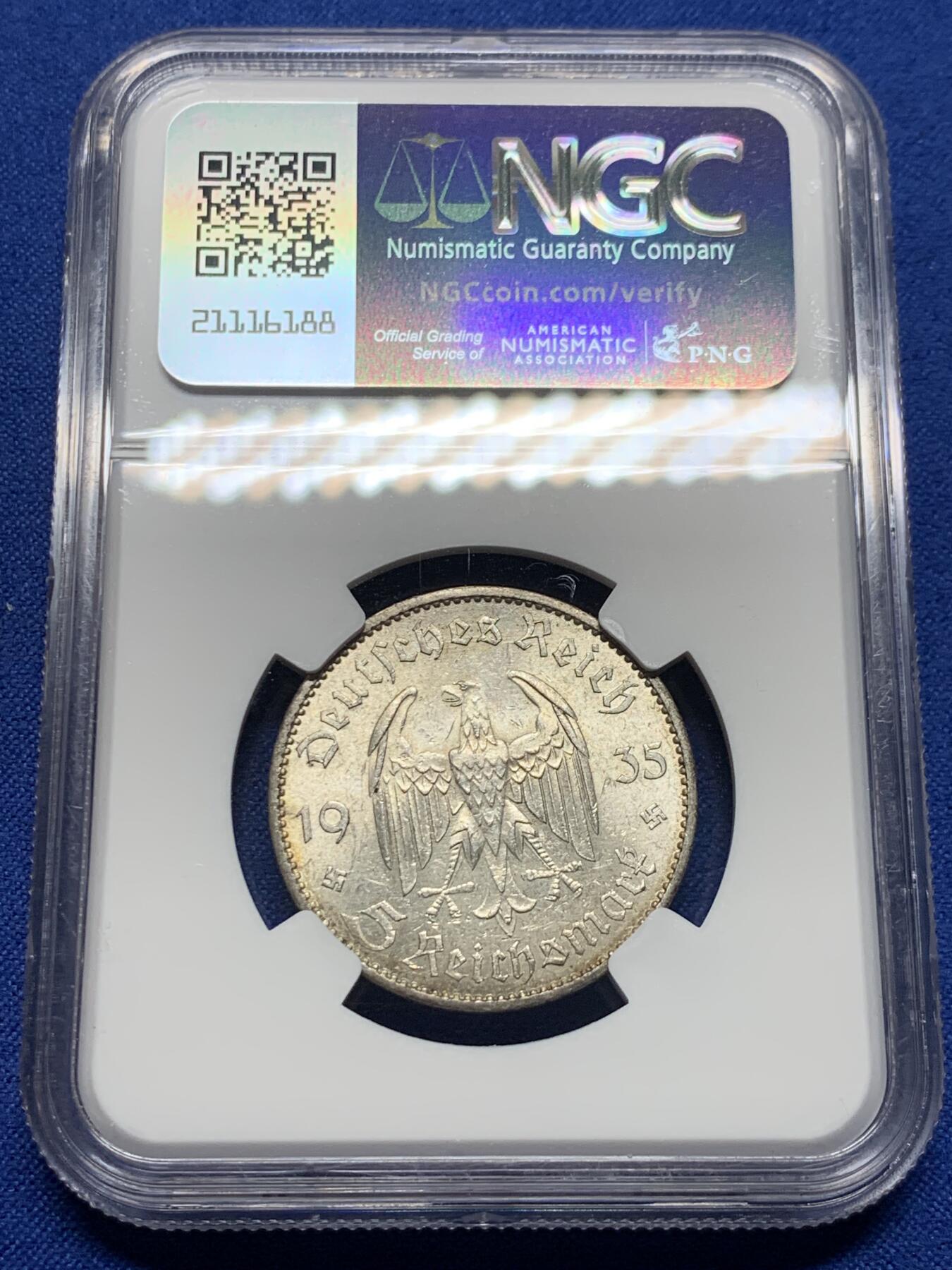 《竞宝斋》第437场 周日，周一2场连拍 （全场包邮） NGC MS61 德国第三帝国 1935A 波茨坦教堂 5马克 银币 第三帝国银币极少见五彩