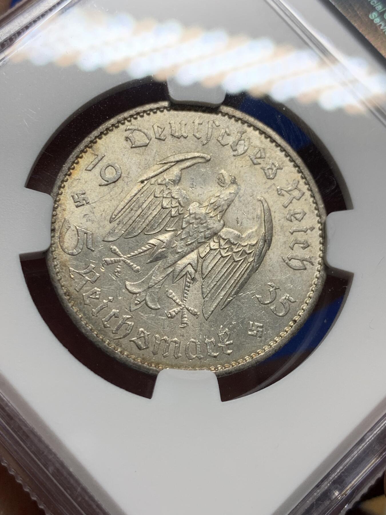 《竞宝斋》第437场 周日，周一2场连拍 （全场包邮） NGC MS61 德国第三帝国 1935A 波茨坦教堂 5马克 银币 第三帝国银币极少见五彩