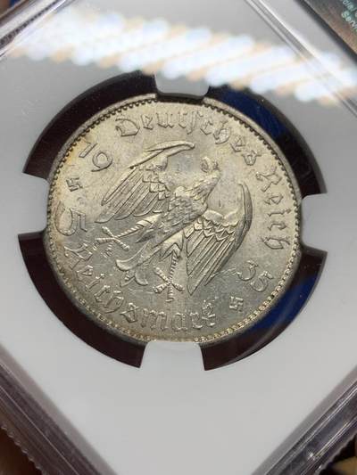 《竞宝斋》第437场 周日，周一2场连拍 （全场包邮） NGC MS61 德国第三帝国 1935A 波茨坦教堂 5马克 银币 第三帝国银币极少见五彩