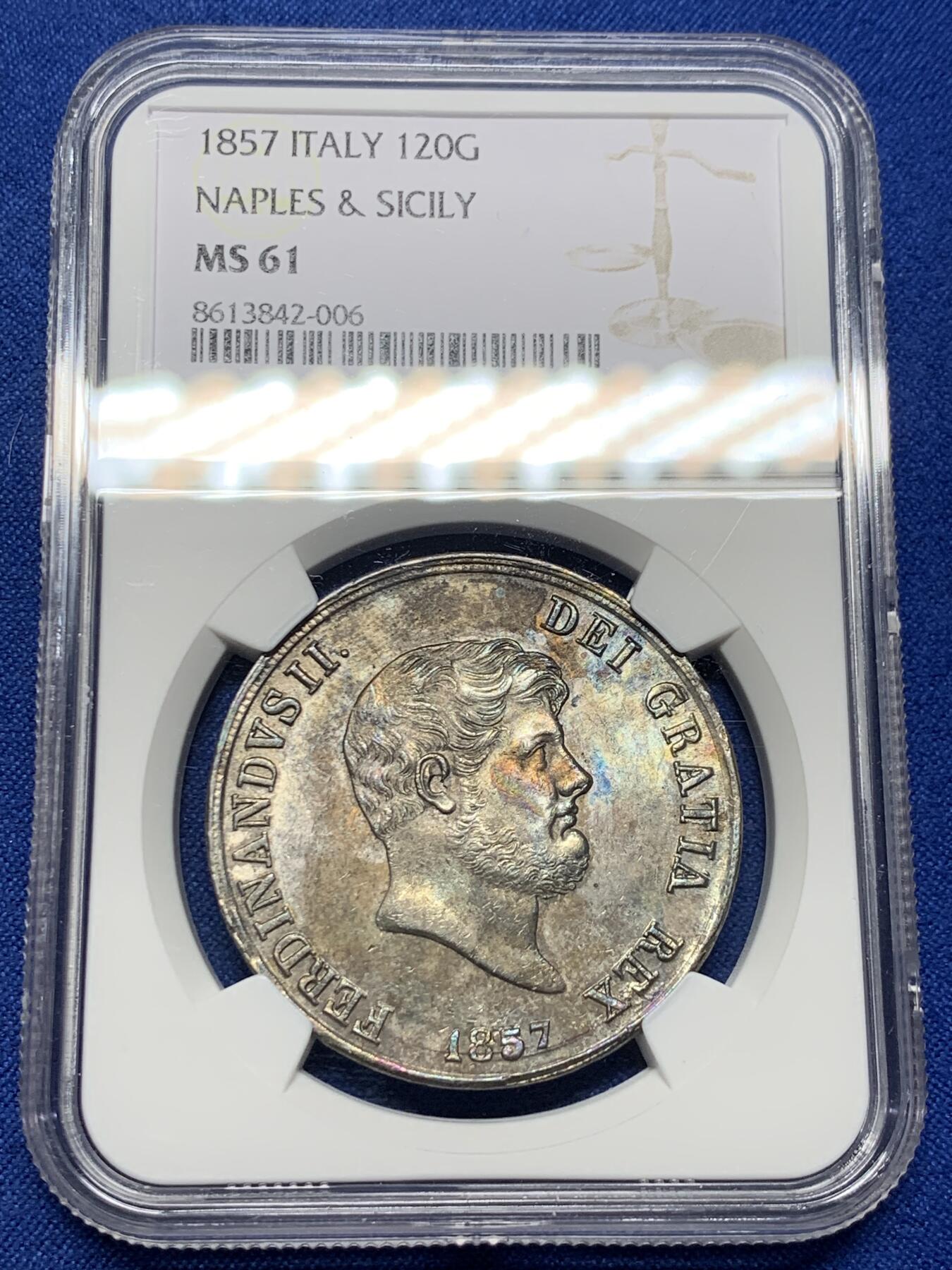 《竞宝斋》第437场 周日，周一2场连拍 （全场包邮） NGC MS61 意大利1857年 那不勒斯西西里120G大银币