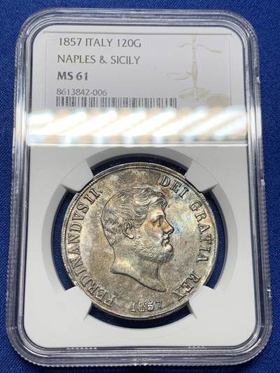 《竞宝斋》第437场 周日，周一2场连拍 （全场包邮） - NGC MS61 意大利1857年 那不勒斯西西里120G大银币